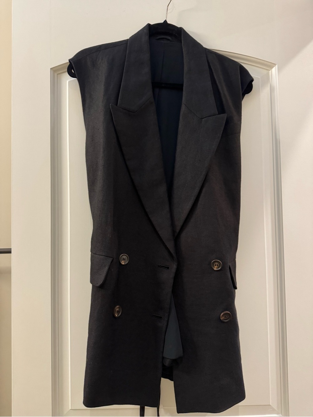 Brunello Cucinelli Black 100% Linen Sleeveless Double Breasted Blazer Vest IT 44